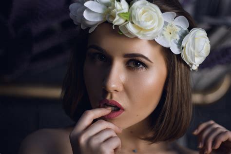 Wallpaper Women Crown Flowers Face Portrait Bricks Finger On Lips Katerina Prist