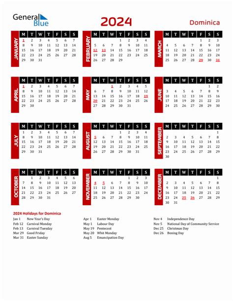 2024 Dominica Calendar With Holidays