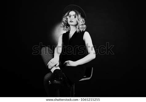 Studio Portrait Blonde Girl Black Wear Stock Photo 1065215255