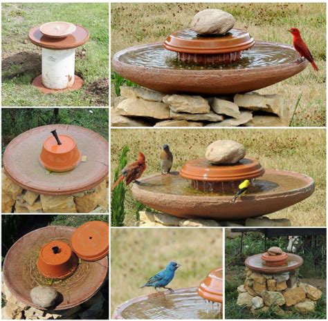 In the center, simply set in a terra cotta pot upside down and fill in with soil. Bird Bath Fountain DIY | Birdcage Design Ideas
