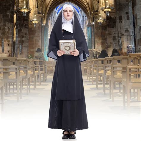 Halloween Virgin Mary Role Costumes Women Sexy Cosplay Long Party Dress Black Nuns Costume
