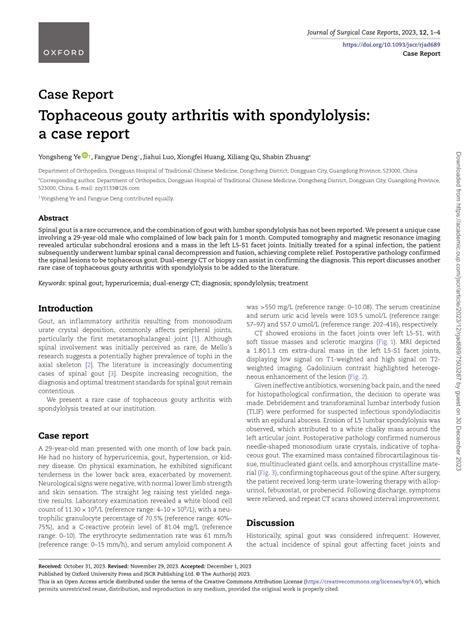 Pdf Tophaceous Gouty Arthritis With Spondylolysis A Case Report