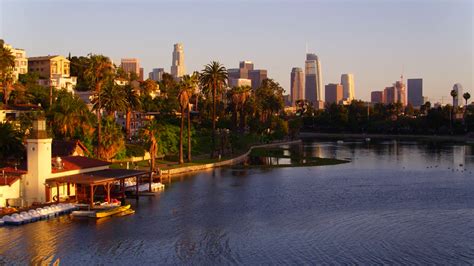Echo Park With View Of Downtown Los Angeles Stock Video Footage