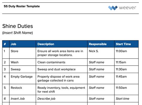 Shift Duty Roster Free Template Weever Wps Template