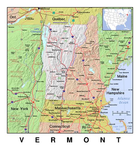 Detailed Map Of Vermont State With Relief Vermont State Usa Maps