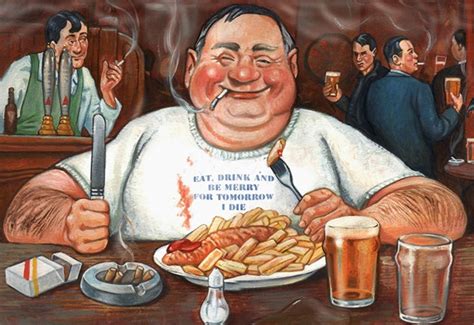 Overweight Man Eating Drinking And Smoking In Old Fashioned Pub Stock