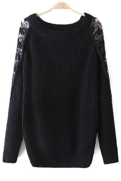 Openwork Lace Spliced Long Sleeves Solid Color Sweater Black Long