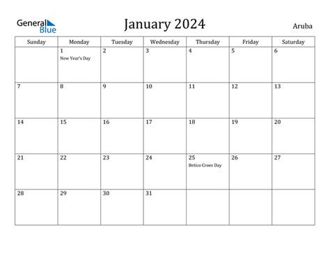 Aruba January 2024 Calendar With Holidays