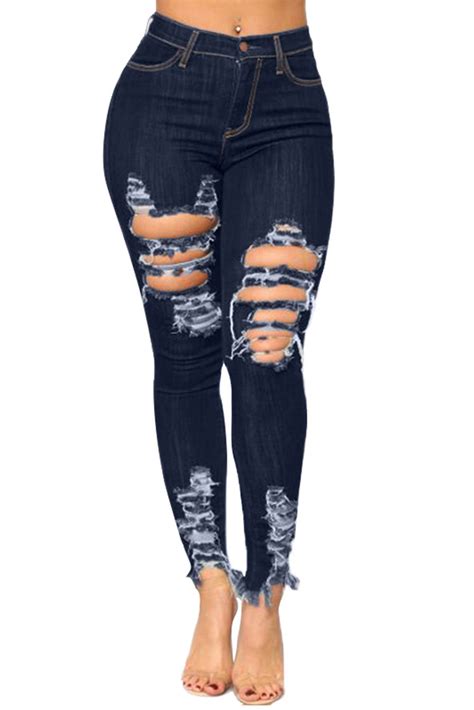 Blue Distressed High Waist Jeans Cute Ripped Jeans Ripped Jeans Outfit Distressed Jeans