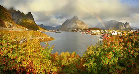 Rainbow Over Norwegian Village Hd Wallpaper Background Image 3264x1739