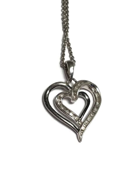 sterling silver diamond heart necklace 925 jewelry double etsy heart necklace diamond