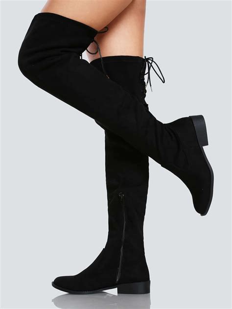 Faux Suede Back Lace Up Thigh High Boot Black Shein