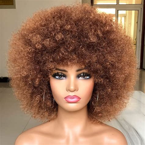 Short Afro Wig With Bangs For Black Women Afro Kinky Curly Wig 70s Premium Synthetic Big Afro