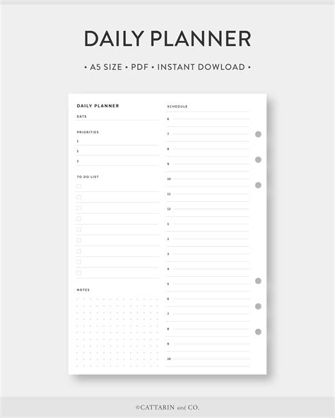 A5 Minimalist Daily Planner Printable Day On One Page Hourly Daily