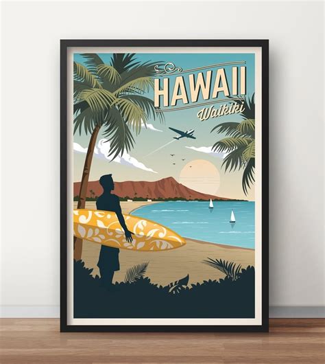 hawaii vintage travel poster surf poster waikiki travel decoration wall art exotic