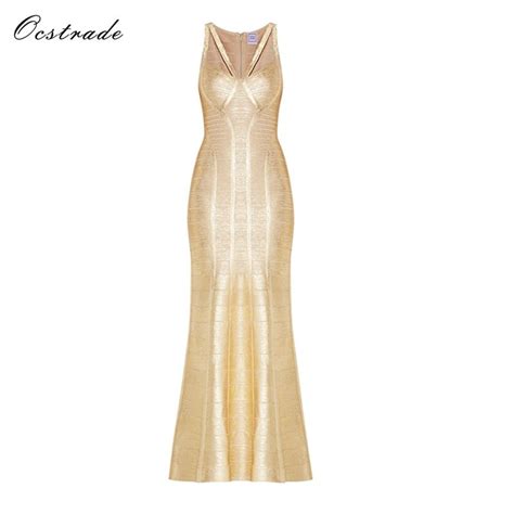 Ocstrade 2017 New Gold Dress Long Hl Bandage Bodycon Dress Ruffles Women Cut Out Party Maxi
