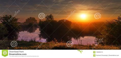 Wonderful Dramatic Scene Fantastic Foggy Sunrise Over The Meadow With