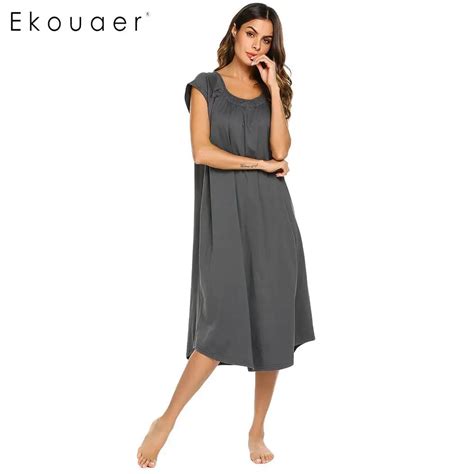 Ekouaer Night Dress Women Nightgown Loose Casual Pleated Solid O Neck Short Sleeve Nightdress