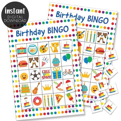 Kids Printable Bingo Birthday Theme Digital Instant Download Bingo