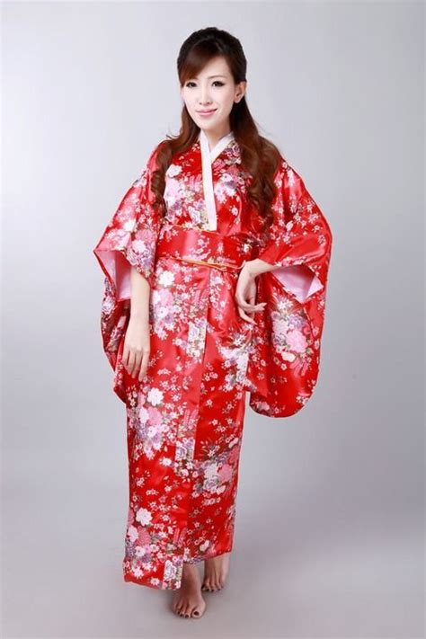 Sexy Kimono Robe Red Japanese Kimonos Traditional Japanese Ethnic Dress Satin Kimono Dress From