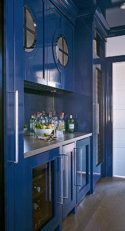 Glossy Blue Lacquer Bar Cabinets With Zinc Countertop Contemporary