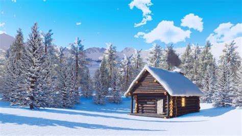 Cozy Snowbound Log Cabin With Smoking Chimney Among Snow Covered Fir