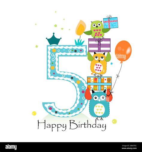 Happy Fifth Birthday With Owls And T Box Baby Boy Birthday Greeting