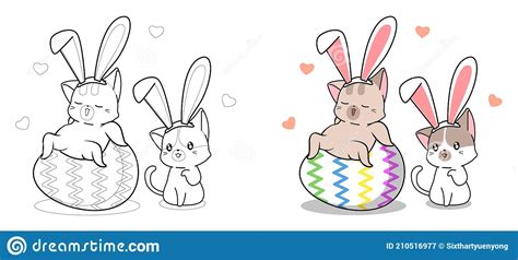 Cute Bunny Cats In Easter Day Cartoon Coloring Page For Kids Stock