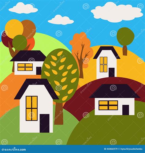 Autumn Landscape Village On Hills With Houses And Trees Stock Vector