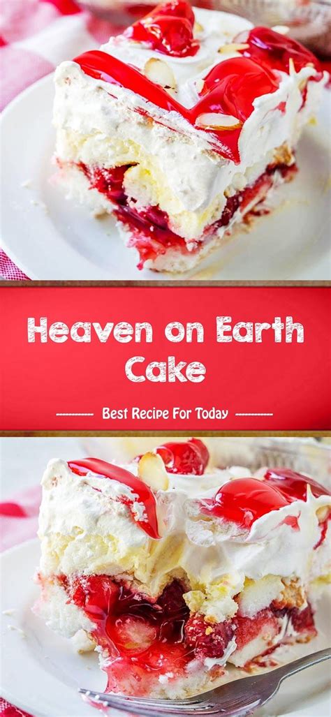 Heaven on earth cake with delicious layers of angel cake, sour cream pudding, cherry pie filling, whipped topping, and almonds. Heaven on Earth Cake | Dessert recipes, Bbq desserts ...