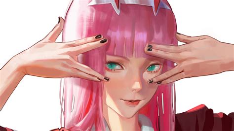 Darling In The Franxx Zero Two With Pink Hair Green Eyes With White