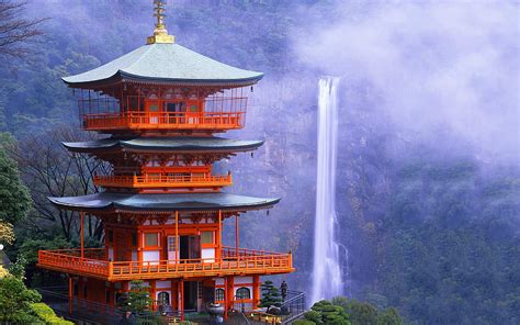 Kyoto Japanese Temple Waterfall Rock Mountains Japanese
