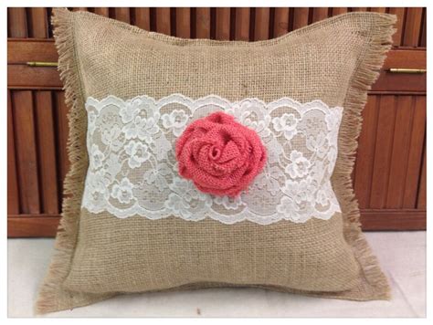 Burlap Pillow With Ivory Lace And Burlap Rose Etsy