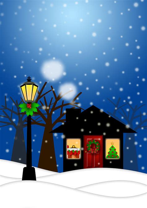 House And Lamp Post In Winter Christmas Scene Illustration Digital Art