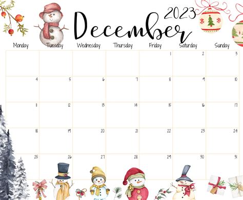 Editable December 2023 Calendar Beautiful Winter Cute Snowman
