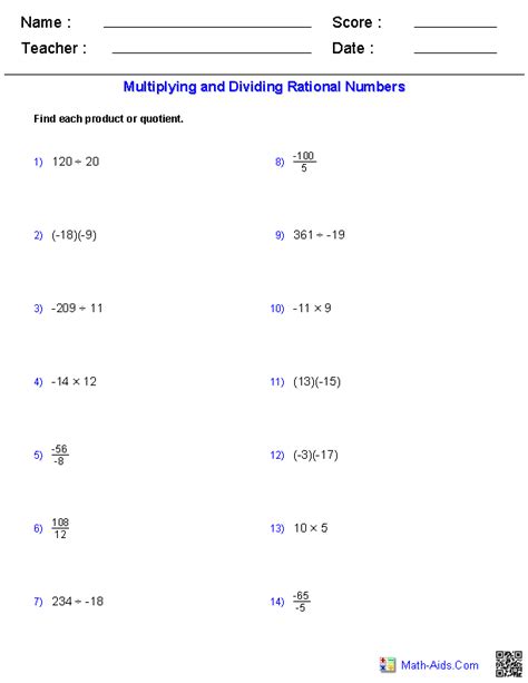 Free Worksheets On Adding Subtracting Multiplying And Dividing Rational Numbers