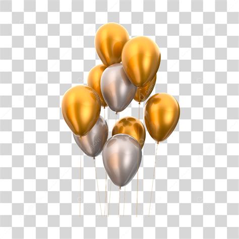 Balões 3D Dourado e Prata Elemento para Composição PNG Transparente