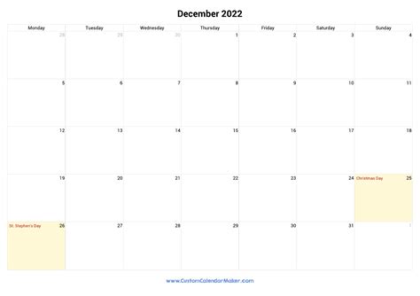 December 2022 Printable Calendar With Ireland Holidays