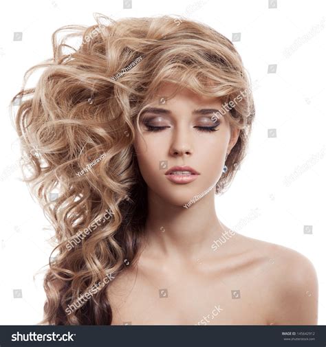Beautiful Blonde Girl Healthy Long Curly Hair Stock