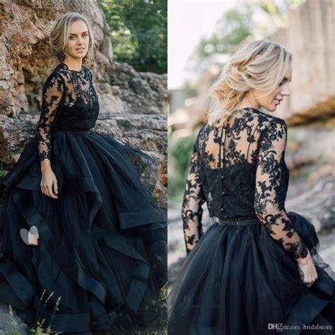 Discount Black Country Gothic Wedding Dresses Sheer Neckline Lace