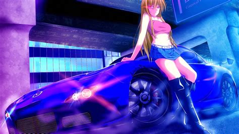 Wallpaper Anime Girls Car Vehicle Big Boobs Blue