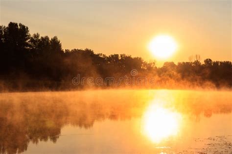 View Of River In The Mist At Sunrise Fog Over River At Morning Stock