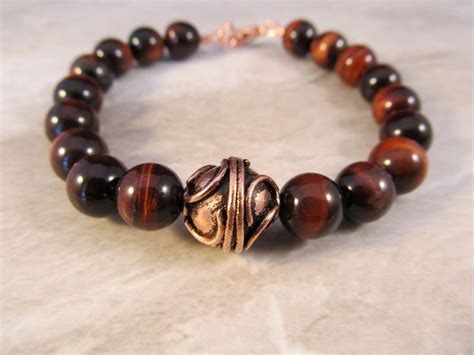 Mens Red Tigers Eye Bracelet In Antiqued Copper With Handmade Etsy
