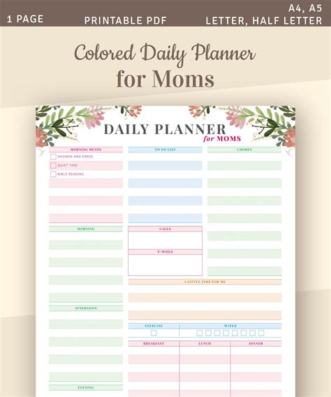 Colored Daily Planner Template For Moms Mothers Daily Etsy