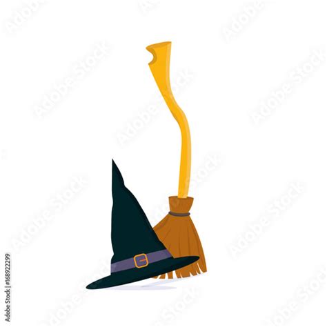 Vector Cartoon Illustration Besom Or Witch Twig Broom And Wizard Hat