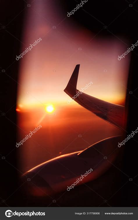 Beautiful View Airplane Window Wing Sunset Sunrise Time Flying Clouds