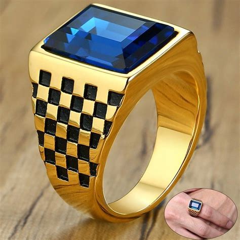 Mens Large Square Blue Black Stone Ring Stainless Steel Signet Ring