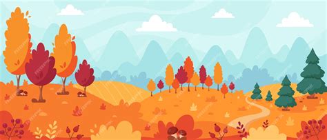 Premium Vector Autumn Landscape With Trees Mountains Fields Leaves