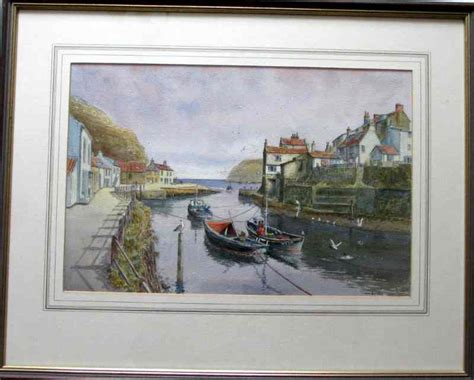 Staithes Harbour, watercolour on paper, signed Sam Burden. c1985.