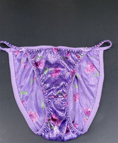 Vintage Shiny Satin String Bikini Floral Purple Laven Gem